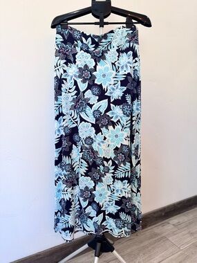 Talbots Navy Maxi Skirt with Teal/Fuchsia/White Flowers Women's Size Large